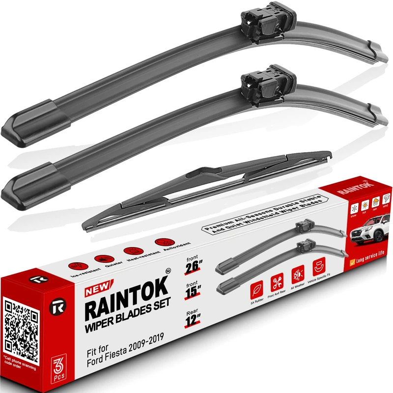 RAINTOK Windshield Wiper Blades Replacement for 2009-2017 Ford Fiesta Original Factory Quality Front Rear Wipers Blade Set for My Car - 26" 15" 12" (Pack of 3)
