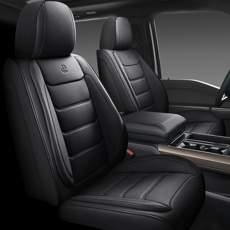 Isen-CoverAuto Full Cover Faux Leather Car Seat Covers Universal Fit for Cars, Trucks, Sedans and SUVs with Waterproof Faux Leather in Automotive Seat Cover Accessories (Black-B, Front Pair)