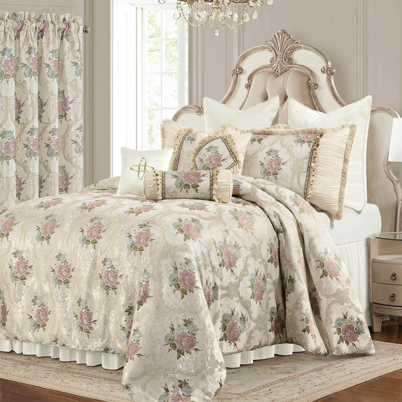 Loom and Mill 9-Piece Luxury European Floral Comforter Sets-Valencia, Synthetic Fiber, Pearly Beige, King