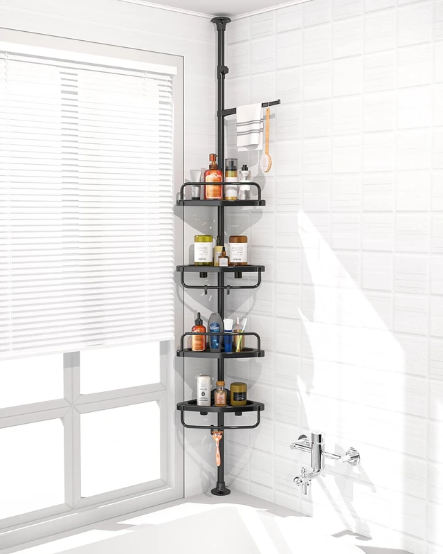 ADOVEL 4 Layer Corner Shower Caddy, Stainless Steel Constant Tension Pole Shower Organizer, Adjustable Corner Shower Shelf, Rustproof 3.3 to 9.8 ft