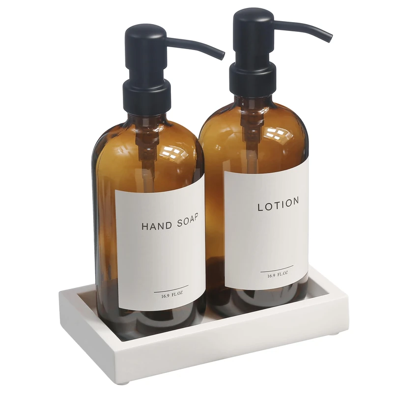 Glass Soap Dispenser with Pump and Concrete Tray | Vintage Soap Dispenser Bathroom and Kitchen Set with Dish Soap, Hand Soap, Lotion Waterproof Labels ((Amber Bottles/White Tary))