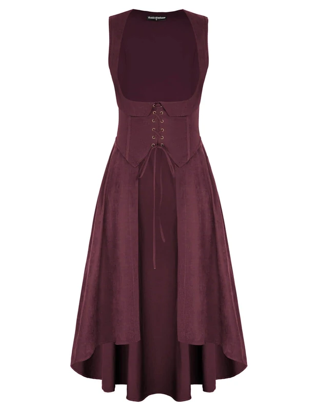 Scarlet Darkness Women Renaissance Costume Underbust Pirate Peasant High Low Dress with Pockets, Wine, XXL