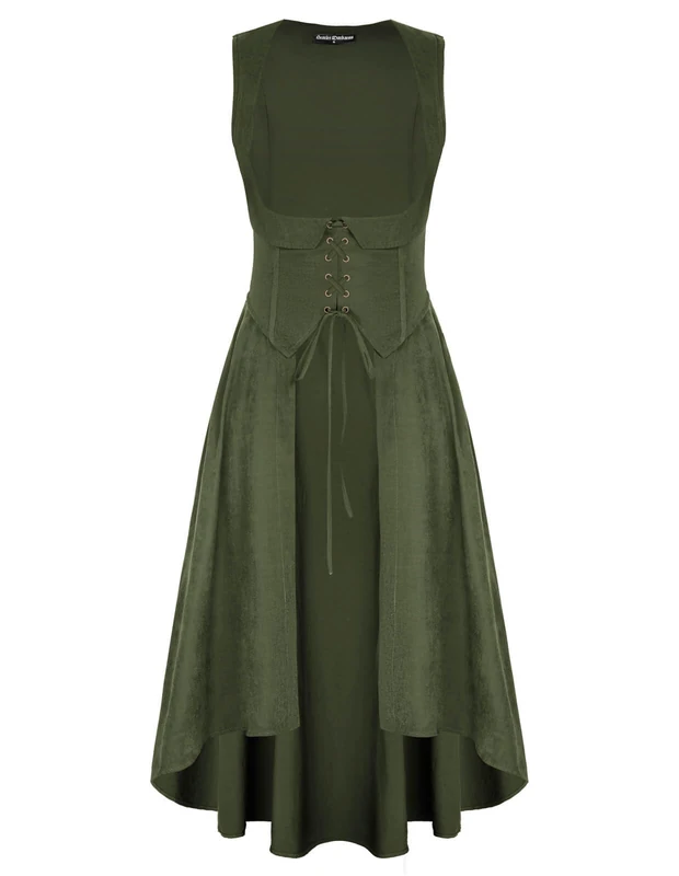 Scarlet Darkness Women Renaissance Costume Underbust Pirate Peasant High Low Dress with Pockets, Army Green, M