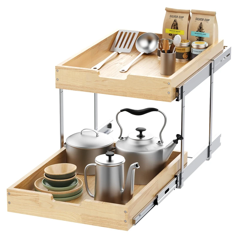 Sikarou Wood Pull Out Cabinet Organizer 2 Tie 14" W x 21" D, Heavy-Duty Sliding Drawers for Inside Cabinets Storage and Organization for Kitchen, Pantry, Bathroom