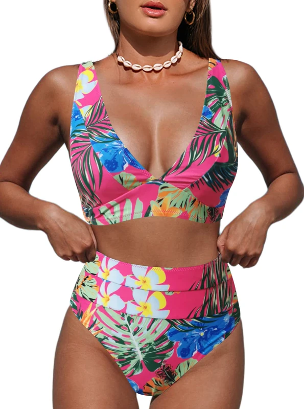 Hilinker Women's Leopard Bikini Swimsuits V Neck High Waisted 2 Piece Bathing Suits, Hot Pink Floral, L