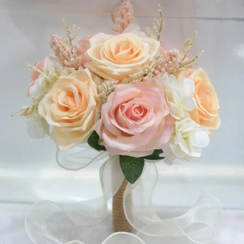 LESING Bridal Wedding Bouquets Artificial Rose Flowers Bouquet Handmade Romantic Wedding Bouquets for Bride Bridesmaid Holding Flowers (Bouquet-Rose Pink)