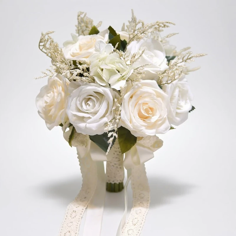 LESING Bridal Wedding Bouquets Artificial Rose Flowers Bouquet Handmade Romantic Wedding Bouquets for Bride Bridesmaid Holding Flowers (Bouquet-rose White 1)