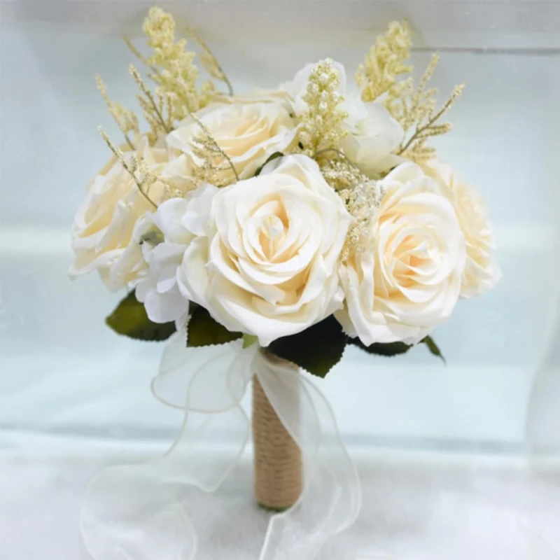 LESING Bridal Wedding Bouquets Artificial Rose Flowers Bouquet Handmade Romantic Wedding Bouquets for Bride Bridesmaid Holding Flowers (Bouquet-Rose White)