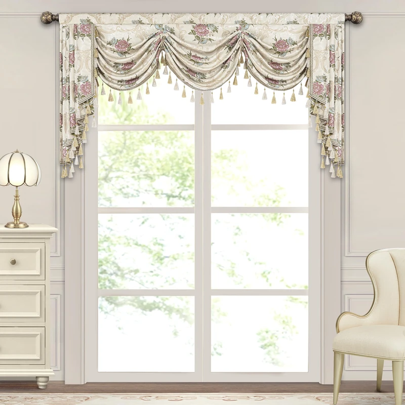 Loom and Mill Luxury European Waterfall Valance for Living Room Bedroom, Elegant Floral Jacquard Swag Window Valances with Tassels, Damask Swag Curtains for Banquet Wedding Holiday(W79Inch,1 Panel)
