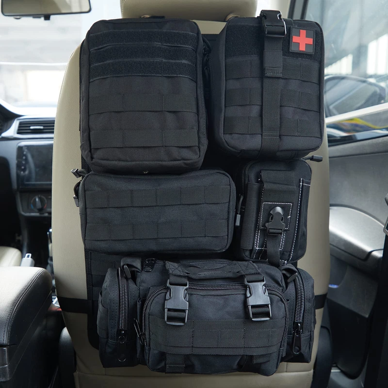 Universal Tactical Seat Back Organizer Vehicle Molle Panel Organizer Storage Bag with 5 Detachable Molle Pouch for All Vehicel Such as Jeep,Truck,SUV, Car, Ford,Chevy,Toyota etc. (A model-Black)