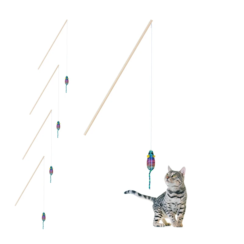 Relaxdays Cat Toy Wand with Mouse, Set of 5, 106 cm Long, Fishing Rod, Kitten Teaser, Interactive Play, Multicoloured, Wood, 106 x 3 x 3 cm