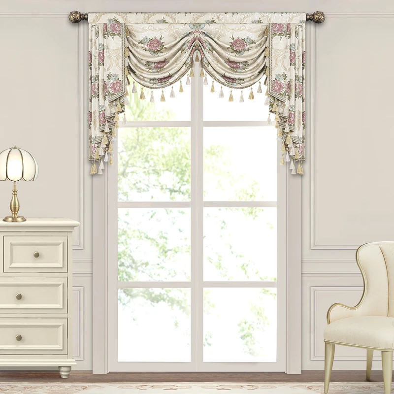 Loom and Mill Luxury European Waterfall Valance for Living Room Bedroom, Elegant Floral Jacquard Swag Window Valances with Tassels, Damask Swag Curtains for Banquet Wedding Holiday(W59Inch,1 Panel)
