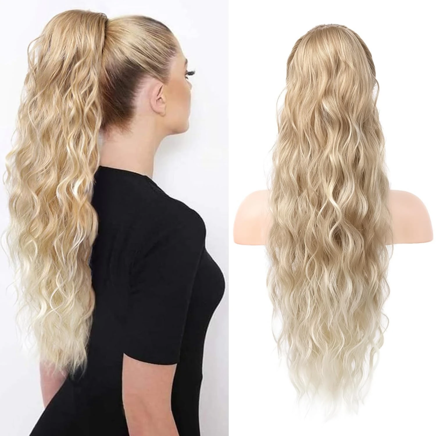 YEESHEDO Brown Long Wavy Ponytail Hair Extension for Women Drawstring Ponytail Hair Extensions Clip in Curly Synthetic Hairpiece 26 Inches(Blonde to Platinum)