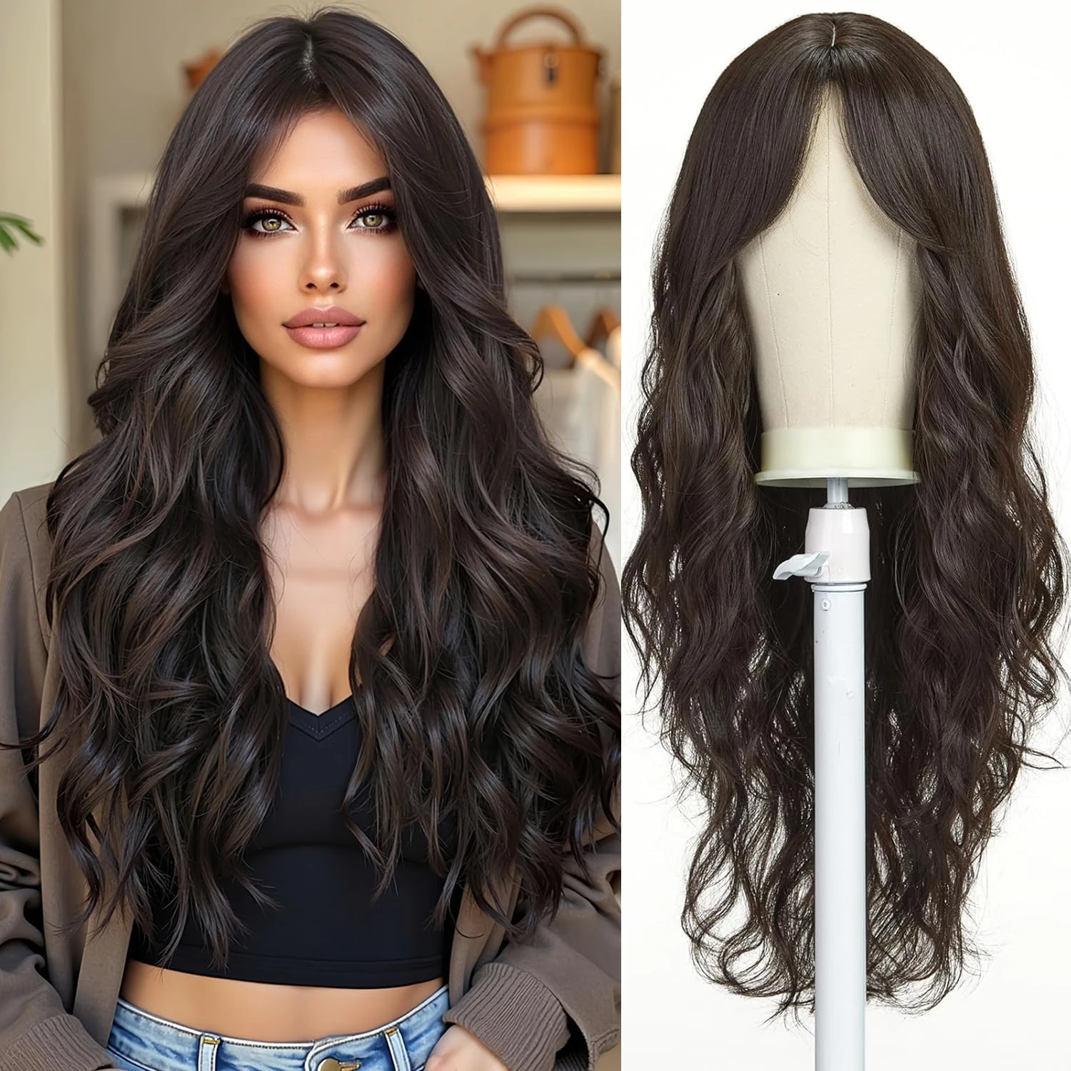 Esmee Long Wavy Dark Brown Wigs for Women Natuaral Synthetic Hair Heat Resistant Brunette Wig for Daily Party Cosplay Use