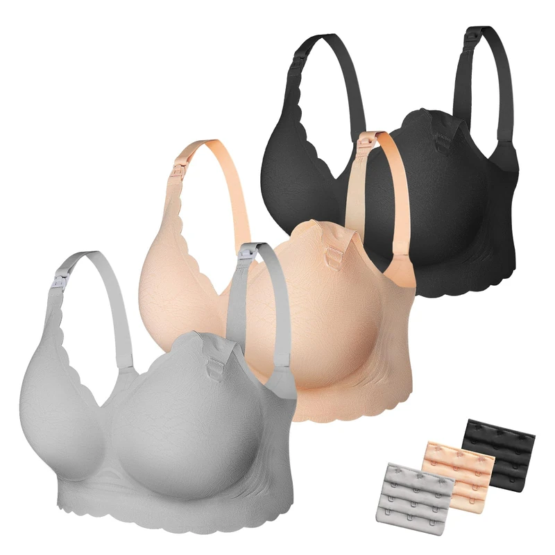 MomWills Nursing Bras for Breastfeeding, Seamless Ultra Comfort Maternity Bra, Natural Shape Pregnancy Bras for Women, 3Pack, Black/Beige/Grey, Large More