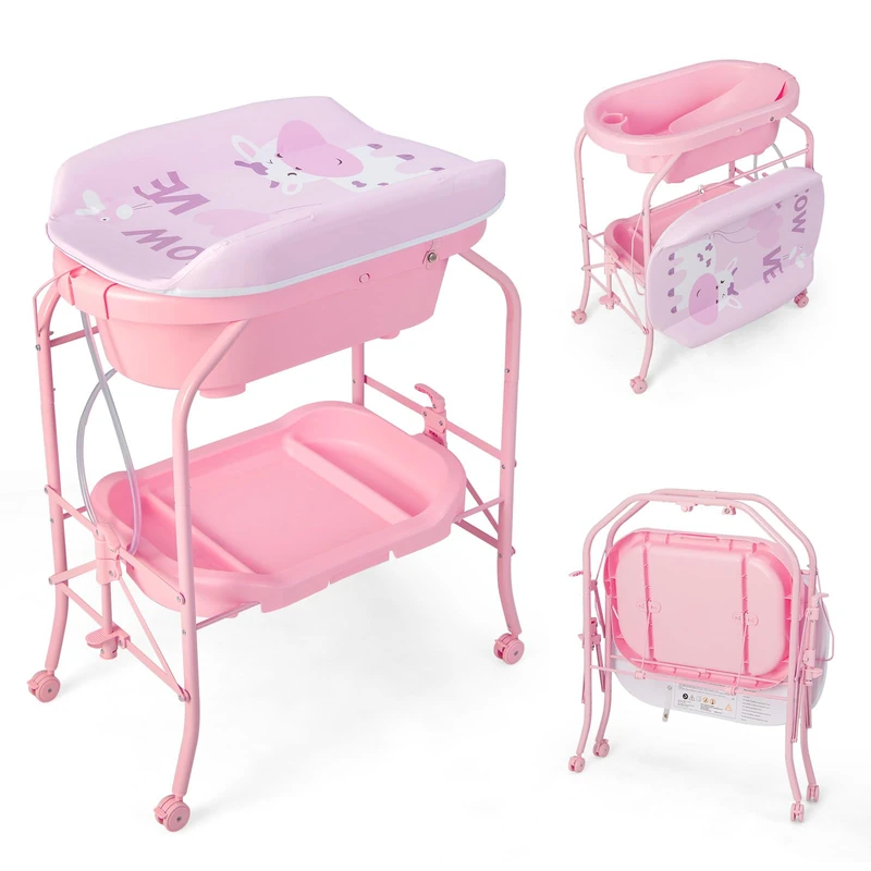 GYMAX Folding Baby Changing Table with Bathtub (Pink)