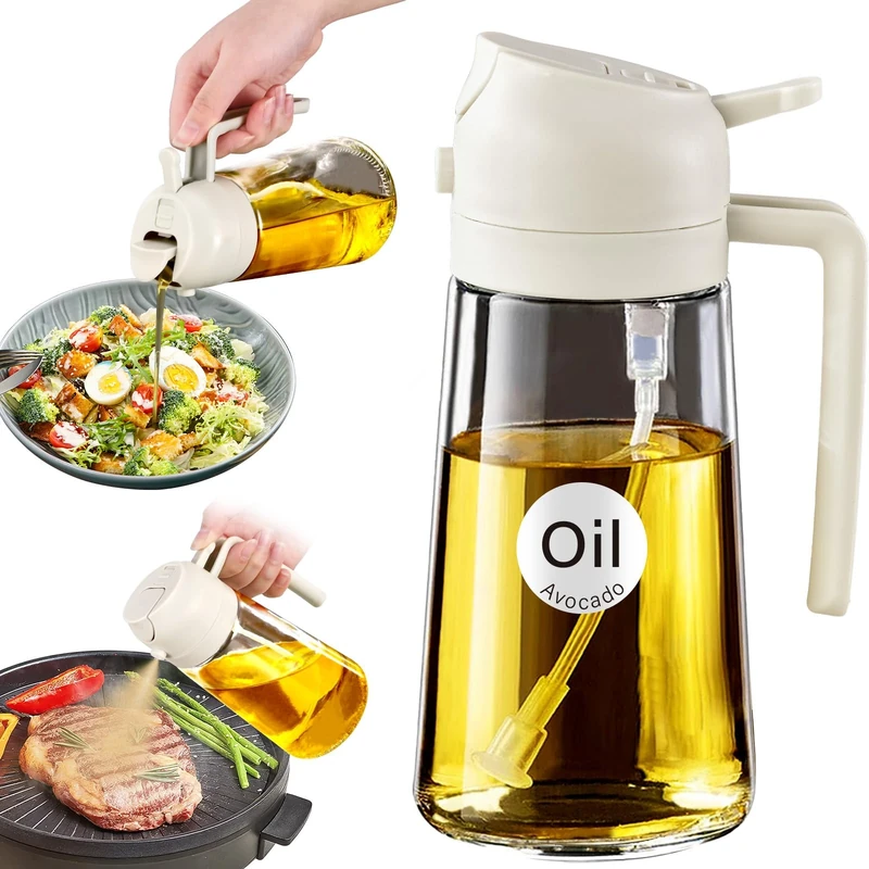 YARRAMATE 16oz/470ml Oil Sprayer for Cooking with Stickers, Food-grade Premium 2 in 1 Olive Oil Dispenser Bottle for Kitchen Gadgets, Air Fryer, Salad, Frying, BBQ(Creamy White)