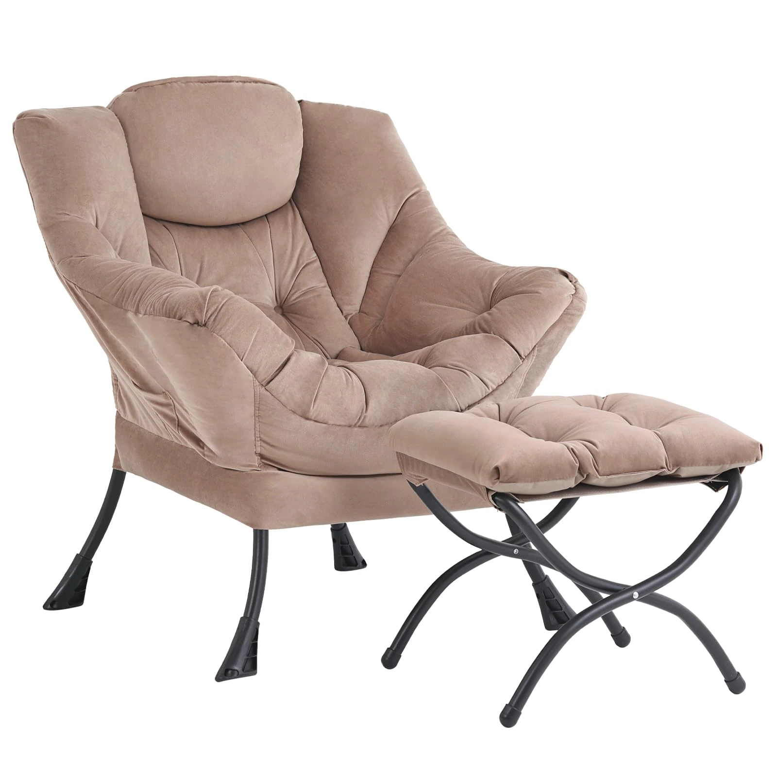 SESHINELL Armchair with Ottoman, Comfy Upholstered Lounge Reading Chair with Side Pocket and Armrests, Modern Bedroom Lazy Chair and Footstool Set for Living Room, Khaki