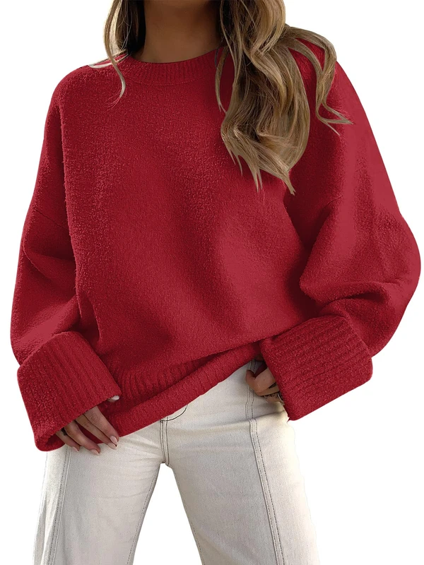 LILLUSORY Women's Oversized Sweaters Fuzzy Chunky Warm Pullover Sweater, Ruby Red, Small
