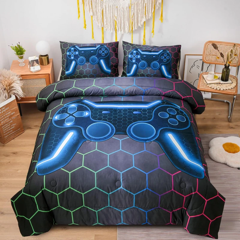 NTBED Game Console Comforter Set for Boys Girls Kids 3D Gaming Geometric Lightweight Microfiber Bedding Sets (Multi, Twin)