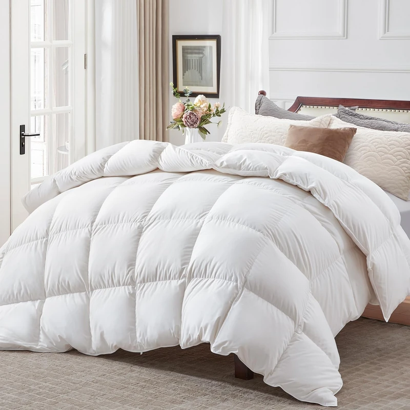 Globon Ultra-Soft Down Feather Comforter Queen Size,Luxurious Fluffy Hotel Collection Duvet Insert for All Season,Noiseless Shell, 700 Filling Power,Medium Weight with Corner Tabs, White…