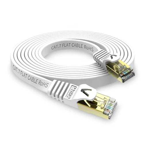 Veetop Ethernet Cable Cat 7, 49FT Ethernet Cord Weatherproof Cat7 Flat LAN Network Cable with Gold Plated RJ45 Connector, High Speed for Router, Gaming, Modem, Outdoor&Indoor (White)