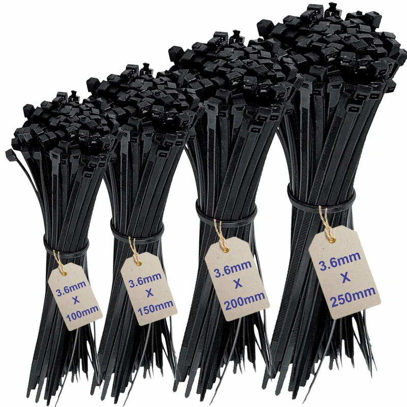 200Pcs Cable Ties Assortment -Mix Black Zip Ties Set with 4 Sizes (100/150/200/250mm) x 3.6mm Heavy Duty Nylon Cable Ties for Wire Management, Black Cables Ties Heavy Duty Zip Ties