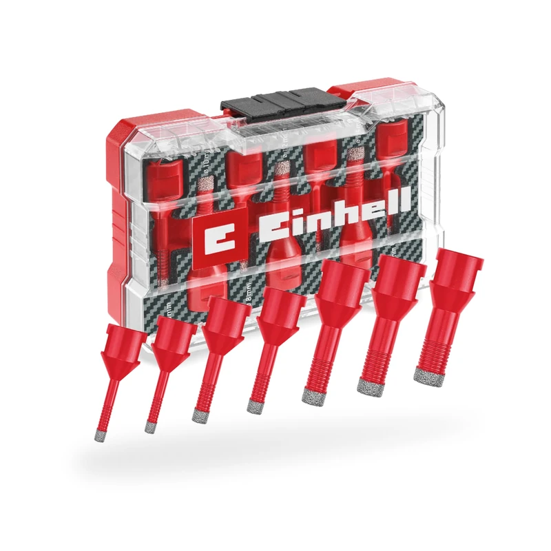 Original Einhell M-CASE 7-piece tile drill bit set (M14 for dry cutting with 7 mm diamond studding, long service life, coolant for small diameters incl. storage box)