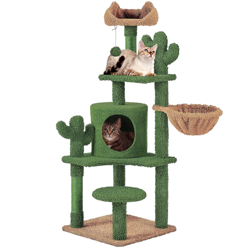 Yaheetech 135 cm Cactus Cat Tree w/Scratching Posts & Condo, Multi-Level Climbing Tower Activity Centrer Pet Furniture for Indoor Cats, Green/Brown