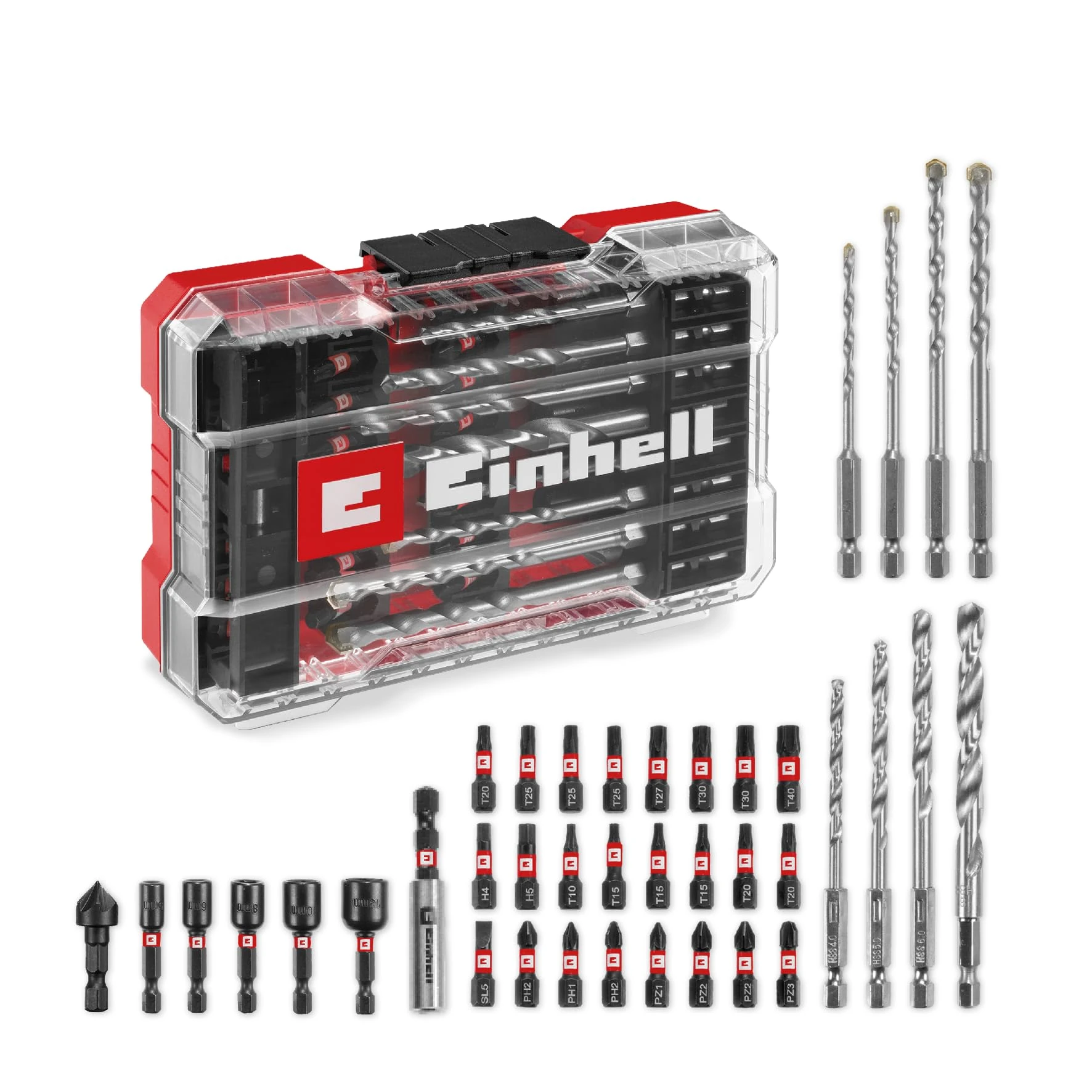 Original Einhell M-CASE 39-piece impact-resistant accessory set (25 mm bits, metal drill bits, universal drill bits, 60 mm bit holder, socket spanner, countersink incl. storage box)