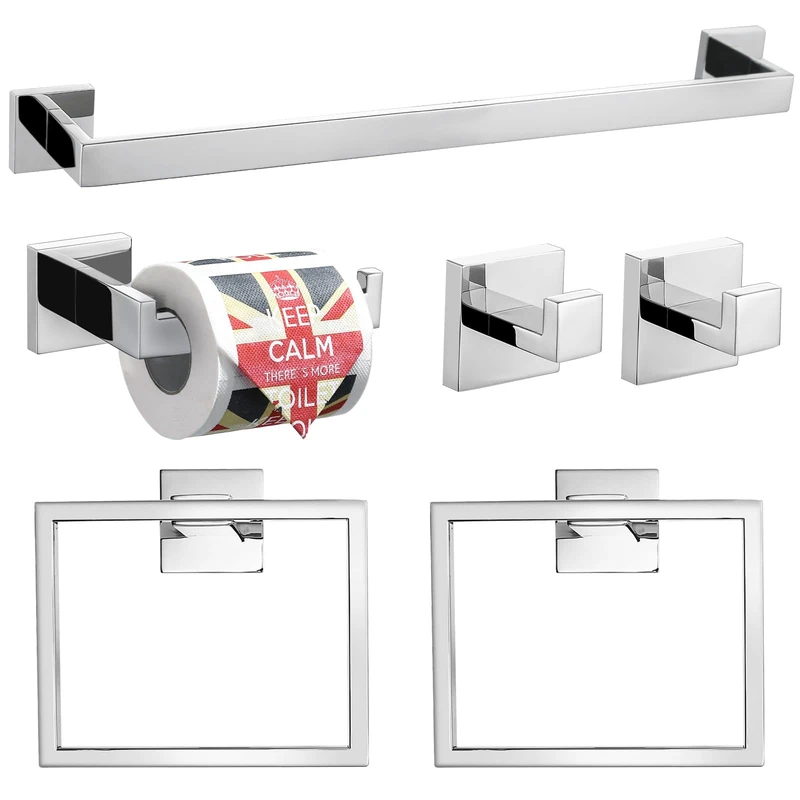 TQKAG 6-Piece Bathroom Towel Bar Sets Polished Chrome 23.6 inch Towel Bar Stainless Steel Towel Ring Coat Hook and Toilet Paper Holder Bathroom Hardware Set Wall Mounted Bathroom Accessories Kit