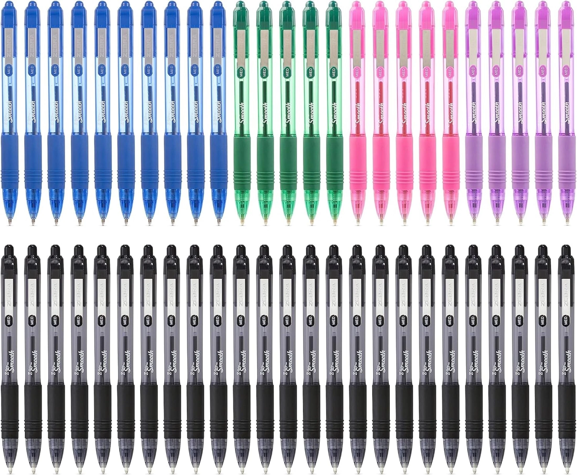 ZEBRA Z GRIP Smooth Assorted Retractable Ballpoint pens with easy glide ink, comfortable grip with pocket clip and reliable biro, medium point 50 Pack of 5 assorted colours