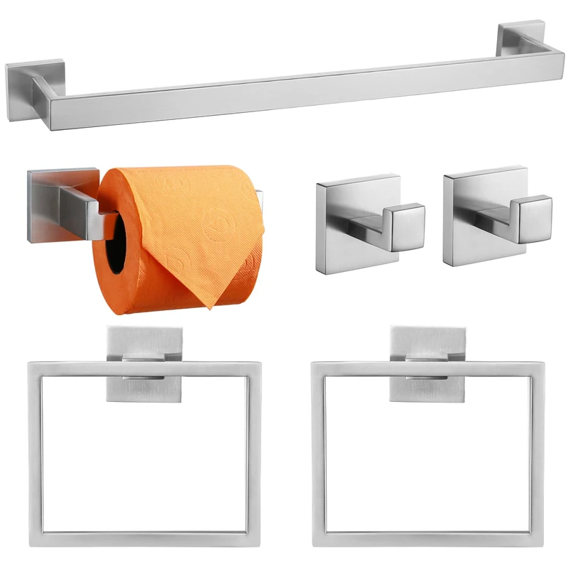 TQKAG 6-Piece Bathroom Towel Bar Sets Brushed Nickel 23.6 inch Towel Bar Stainless Steel Towel Ring Coat Hook and Toilet Paper Holder Bathroom Hardware Set Wall Mounted Bathroom Accessories Kit