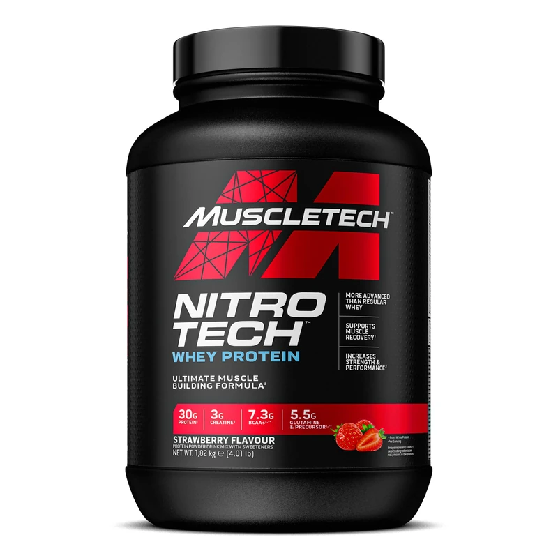 MuscleTech NitroTech Whey Protein Powder, Muscle Maintenance & Growth, Whey Isolate Protein Powder With 3g Creatine, Protein Shake For Men & Women, 7.3g BCAA, 40 Servings, 1.8g, Strawberry - Image 1