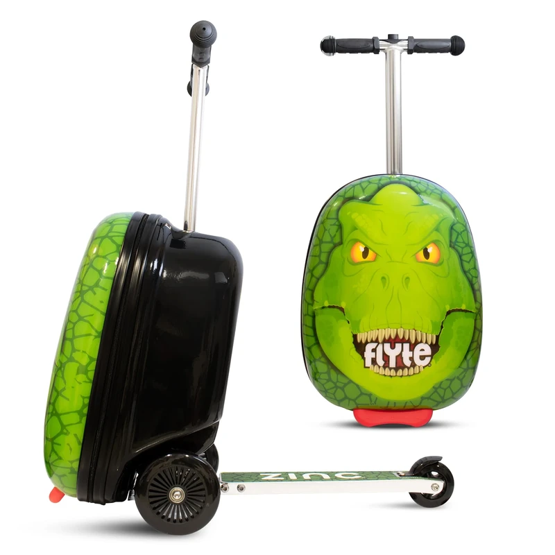 Flyte Scooter Suitcase Darwin The Dinosaur - 2-in-1, 18 Inch Ride on Children's Luggage, 25 Litre Capacity Kids Suitcases on Wheels for Boys and Girls Aged 4+, Foldable Waterproof Kids Suitcase