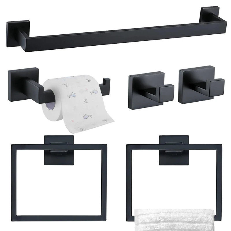TQKAG 6-Piece Bathroom Towel Bar Sets Matte Black 23.6 inch Towel Bar Stainless Steel Towel Ring Coat Hook and Toilet Paper Holder Bathroom Hardware Set Wall Mounted Bathroom Accessories Kit