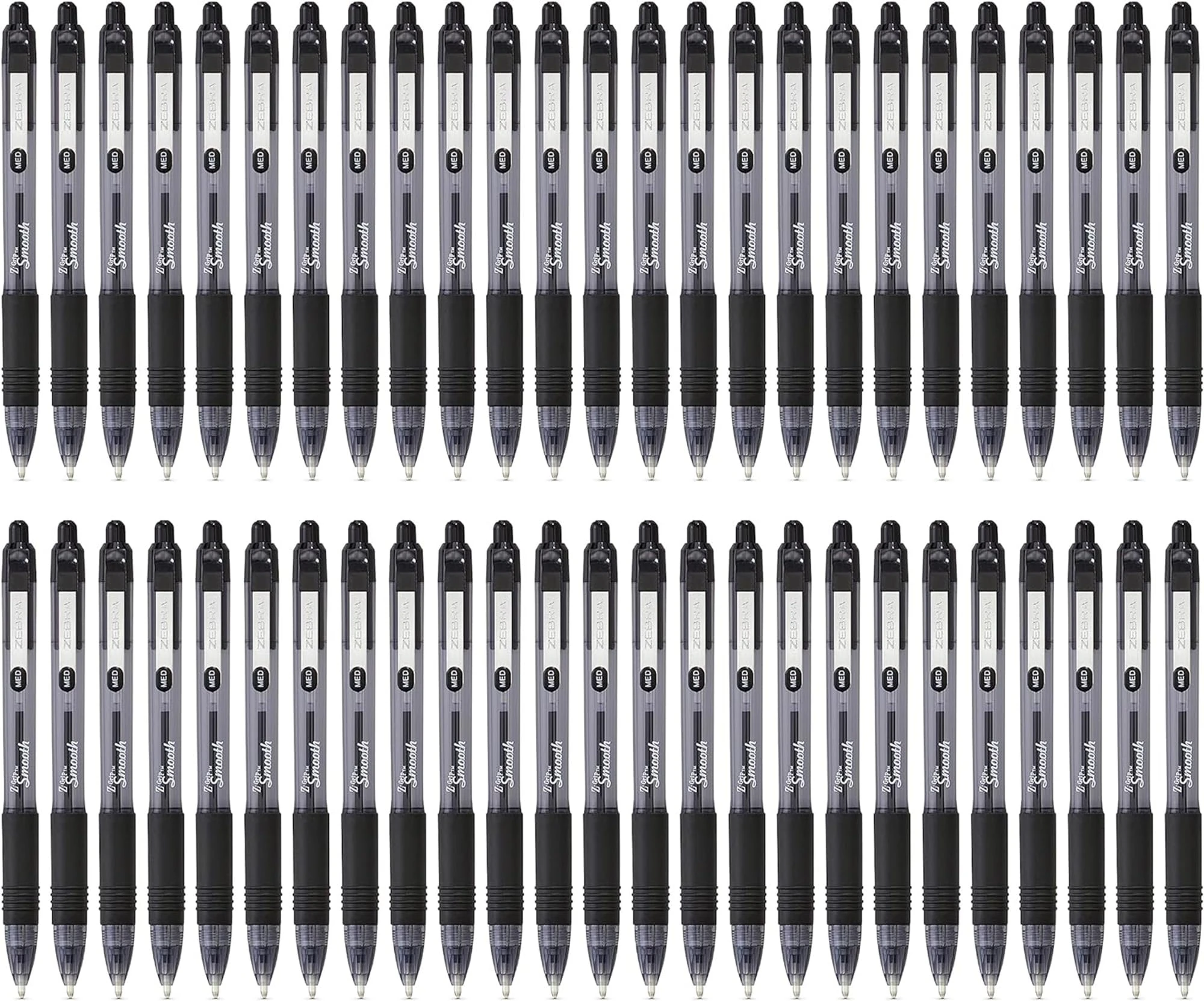 Zebra Z Grip Smooth Black Retractable Ballpoint pens with Easy Glide Ink, Comfortable Grip with Pocket Clip and Reliable biro Medium Point 50 Pack of Black