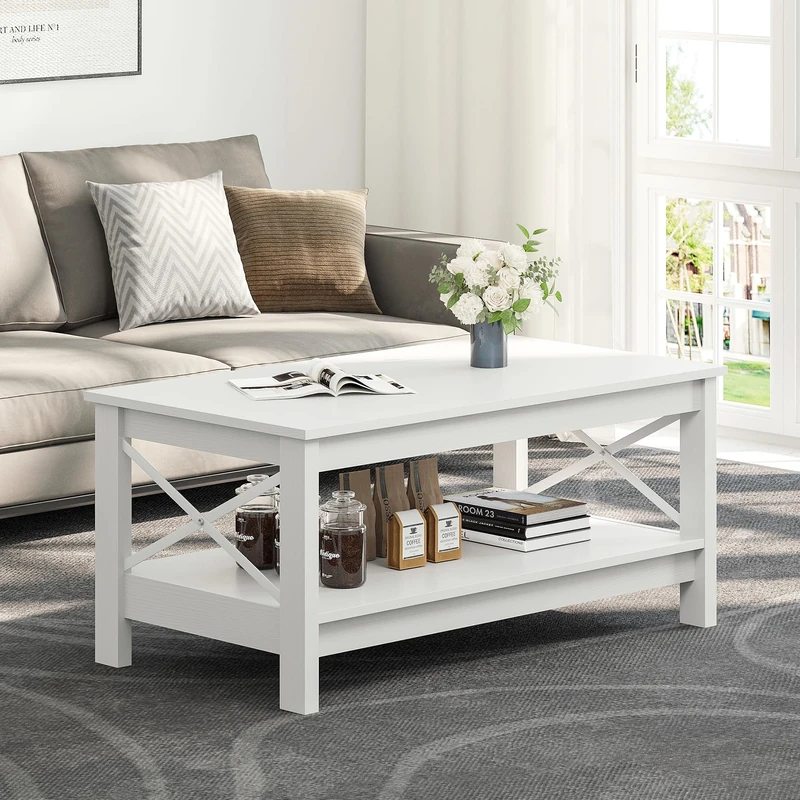YITAHOME Coffee Table, Small 2-Tier Wooden Table with Storage Shelf, 100x55.3x45cm White Coffee Tables for Living Room, Wood Accent Cocktail Center Ends Coffee Table