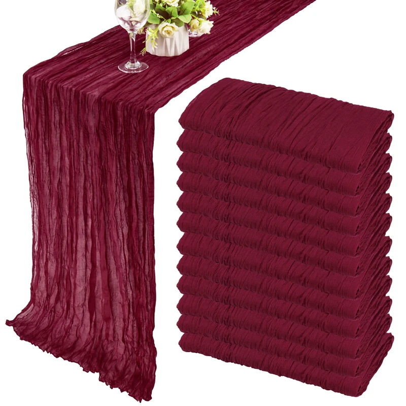 Fivenl 12 Pack 13Ft Cheesecloth Table Runner 35x157 Inch Boho Gauze Table Runner Cheese Cloth Long Table Runner Rustic Table Runner for Wedding Bridal Shower Birthday Party Table Decor (Burgundy)
