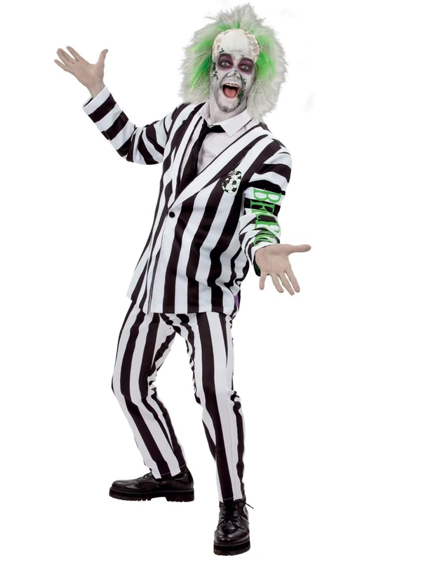Smiffys Beetlejuice Adult Costume with Shirt Dress Collar Mock Tie and Cuffs Black and White Stripes Purple Zip Up Front Official Warner Brothers Licensed Halloween Costume, Medium