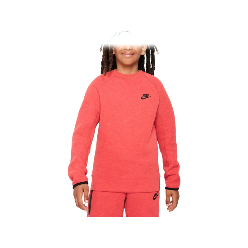 NIKE FD3293-672 B NSW TECH FLC CREW Sweatshirt Boy's LT UNIV RED HTR/BLACK/BLACK Size M