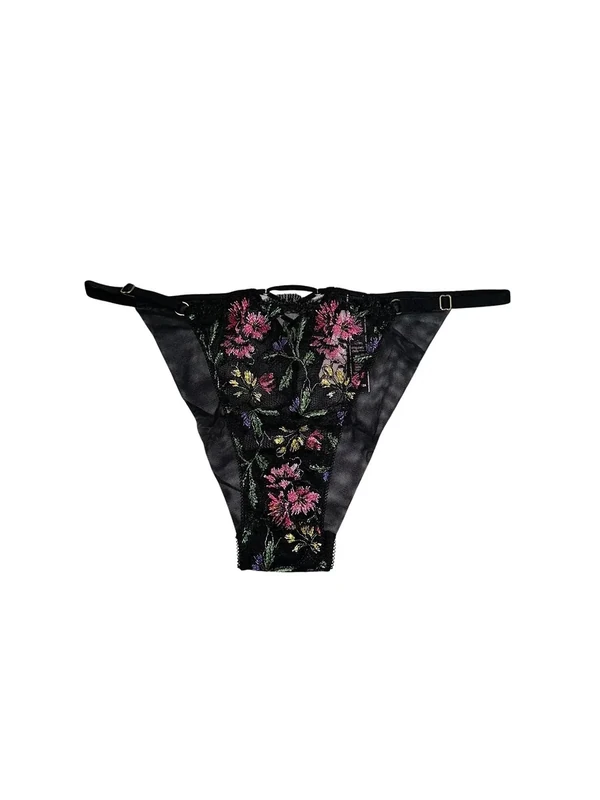 Victoria's Secret Embroidered Adjustable String Cheeky Panty Black/Multicolor New, Multicolor/Black, L