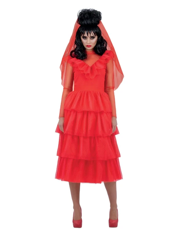 Smiffys Beetlejuice Lydia Bride Adult Costume Mini Dress Veil and Choker in Red Tiered Layered Design Official Warner Brothers Licensed Costume Perfect for Matching Family Fancy Dress, World Book Day
