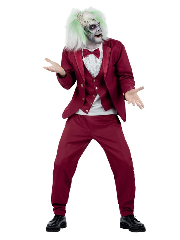 Smiffys Beetlejuice Groom Adult Costume Red Jacket with Mock Shirt and Waistcoat Bow Tie and Trousers Officially Licensed Warner Brothers Halloween Ideal for Matching Family Costumes - Image 1