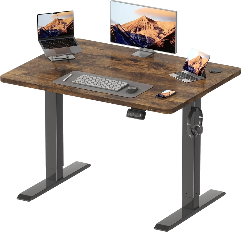 Devoko Electric Standing Desk 100x60cm Sit Stand Table Height Adjustable Desk with Backpack Hook and Memory Smart Pannel, Home Office Table with Splice Board,Rustic Brown