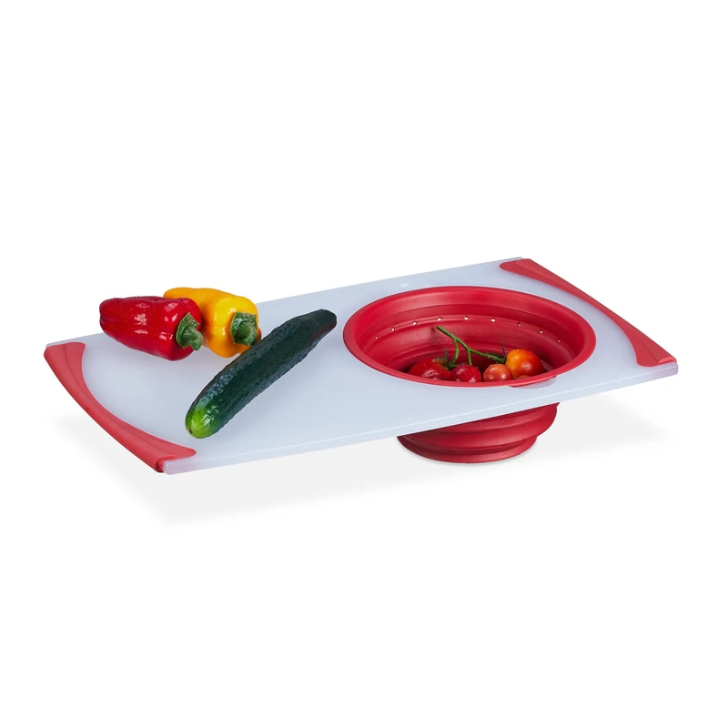 Relaxdays Chopping Board with Colander, Plastic 50 x 29 cm, Cutting Mat with Collapsible Sieve, Kitchen, White/Red