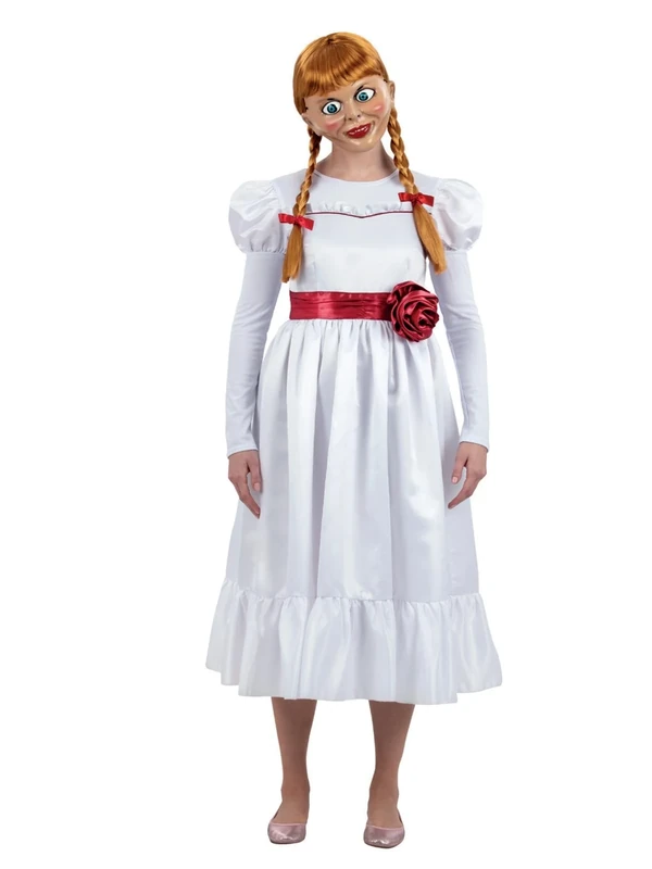 Smiffys Annabelle Costume for Adults, Haunting White Dress with Flower Belt, Officially Licensed Annabelle Doll Costume, Zip-Up Back, Perfect for Halloween, Fancy Dress Parties, and Events