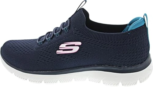 Skechers Womens Summits Top Player Sneaker, Navy Knit Teal Pink Trim, 2 UK
