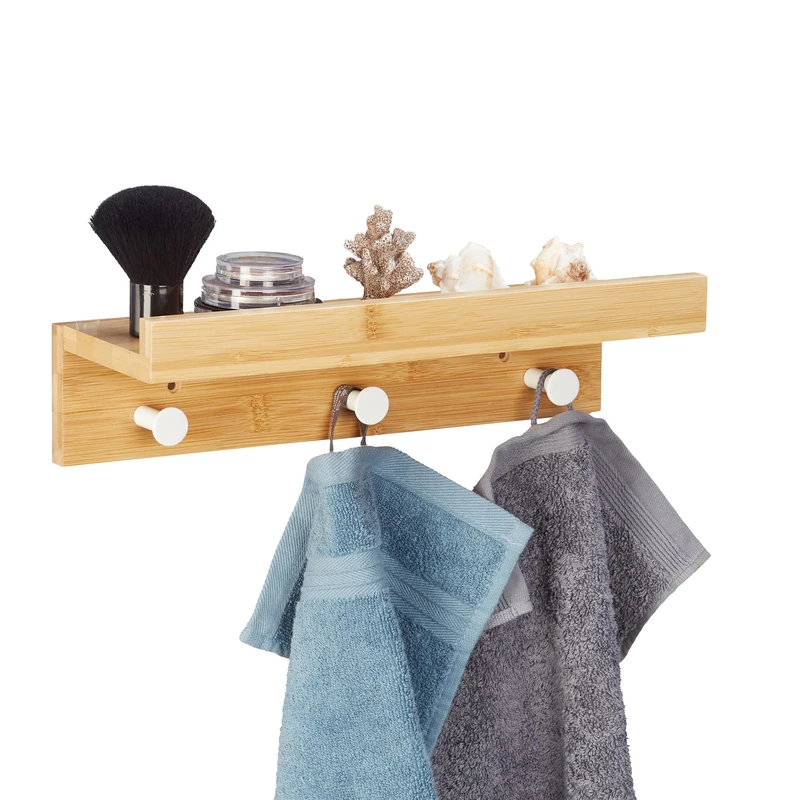 Relaxdays Shelf with 3 Hooks, Wall Mount, Bamboo, Hallway Coat Holder, Bathroom Towel Store, HxWxD: 10x36x12 cm, Natural