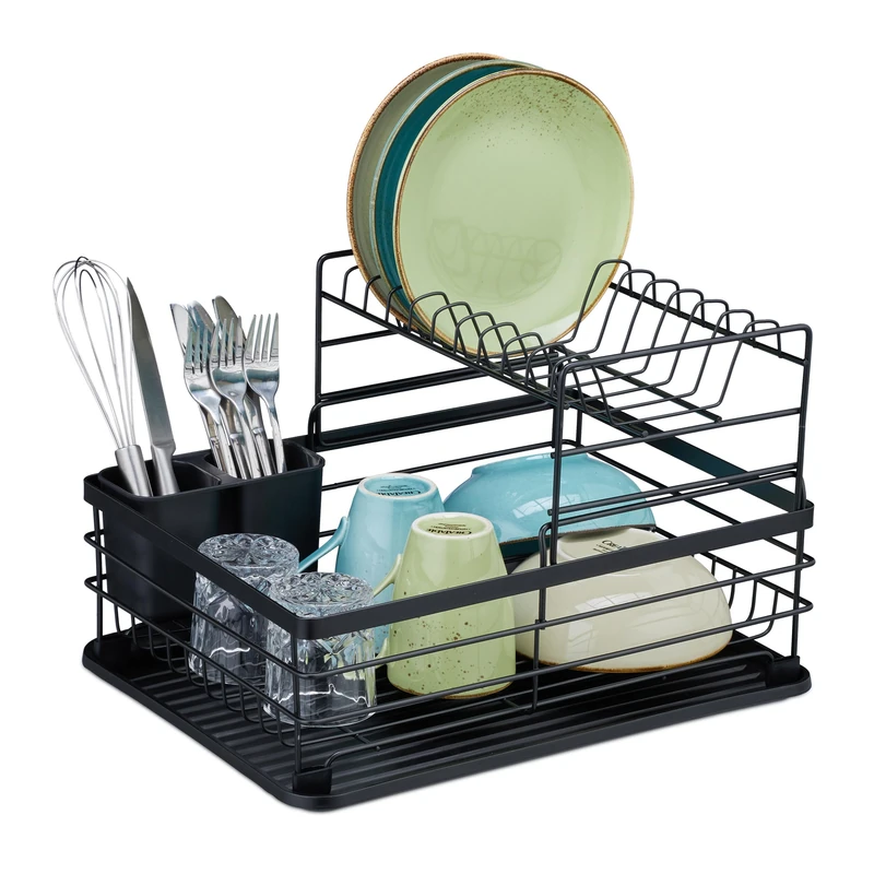 Relaxdays Dish Drainer Rack, Metal, HWD 18 x 42.5 x 31.5 cm, Plate Drying Stand, for the Kitchen, Crockery Holder, Black, Iron